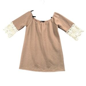 Womens Taupe Chevron Off Shoulder Lace Sleeve Dress Cottagecore Romantic M